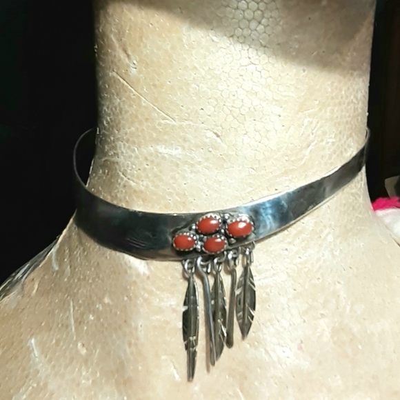 Navajo Coral and Silver Choker by Bruce Morgan - Picture 2 of 8